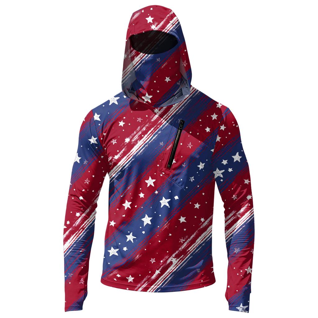 Men's Casual Hooded Long Sleeve Sun Protection Top with Independence Day Print Star Pattern Pullover Lightweight Shirt