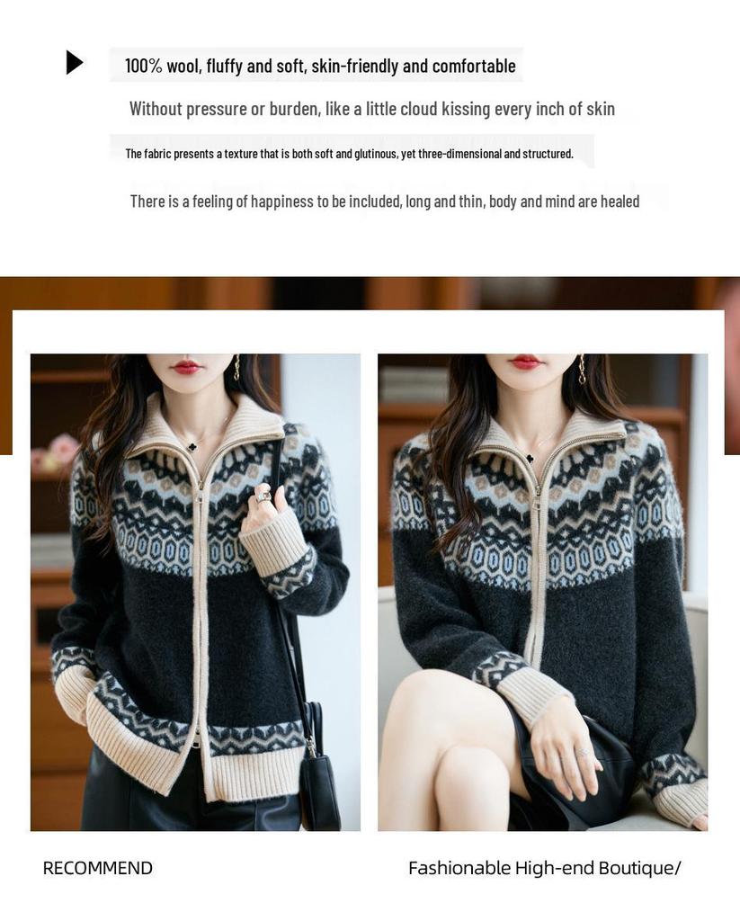 Cárdigan de Cachemira y Lana Fair Isle Otoño-Invierno para Mujer - Abrigo Grueso de Punto Suelto Jacquard