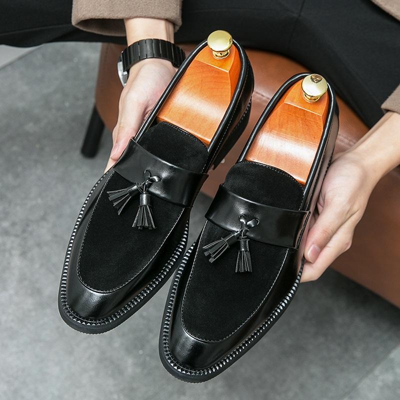 Fashion Britain Designer Men Pointed Blue Suede Patchwork Tassels Casual Dress Homecoming Shoes Male Formal Wedding Loafers Footwear
