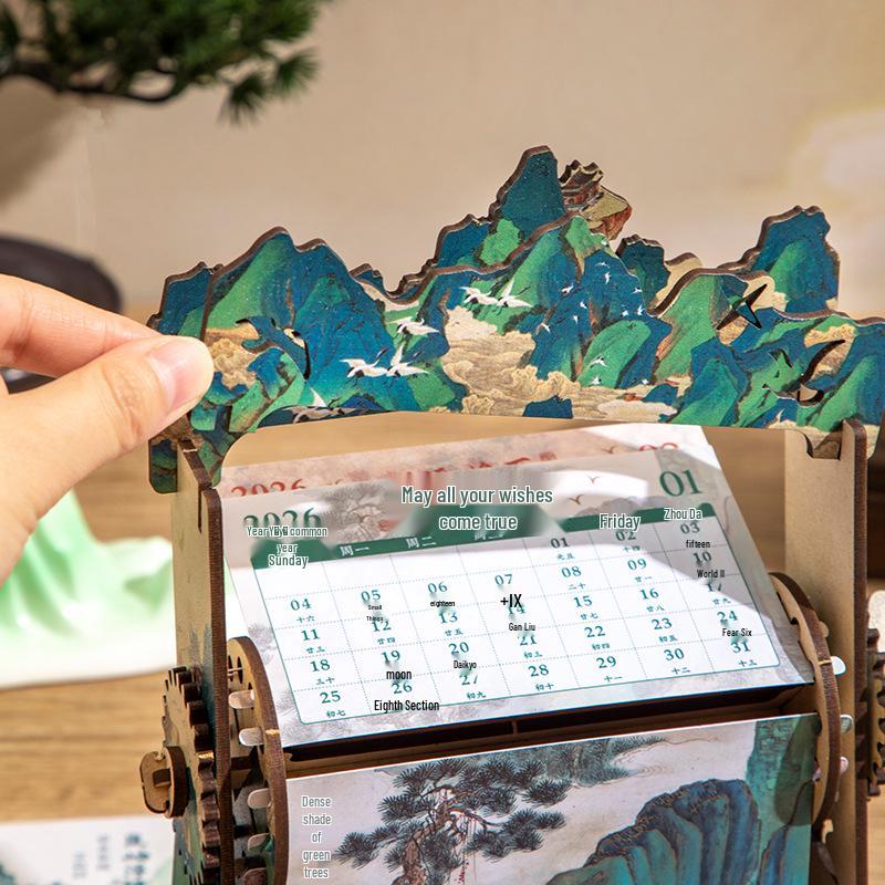 Xian Porcelain Hand-Cranked Desk Calendar: Rivers & Mountains Design, Office Ornament & Creative Gift
