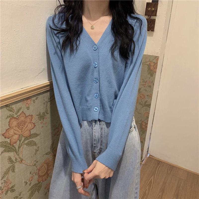 Korean Style V-Neck Knit Cardigan with Sleeves - Women's Versatile Short Sweater Coat for Spring & Autumn