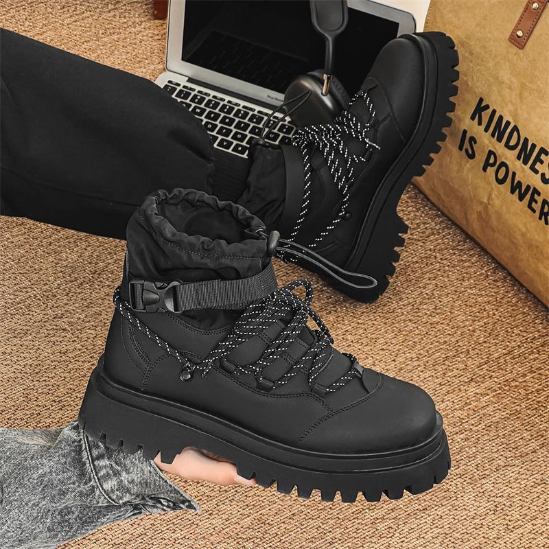 

Martin boots high-top autumn and winter velvet thick-soled heightening shoes medium-top outdoor mountaineering boots snow short boots 39 чёрный