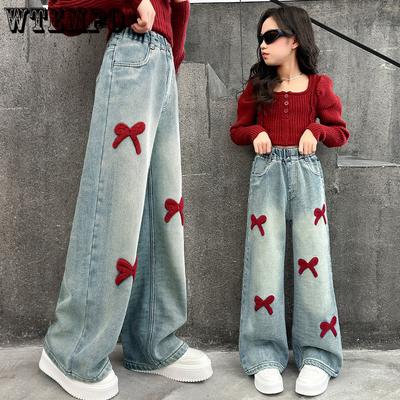 Geborduurde Meisjesjeans Lente en Herfst Kinderbroeken Meisjes Straight Leg Broek Meisjes Wide Leg Broek