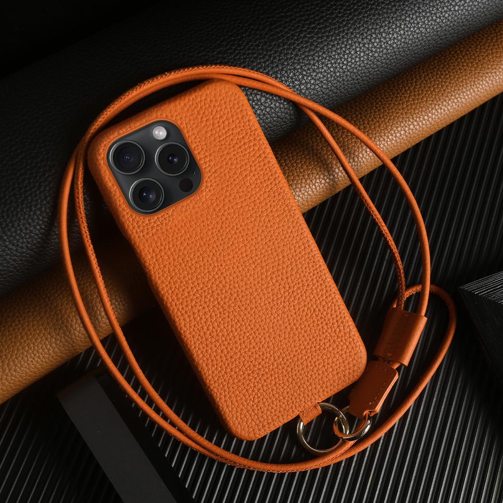

For iPhone 13 Pro Case with Lanyard Genuine Cow Leather PC Phone Back Cover Orange