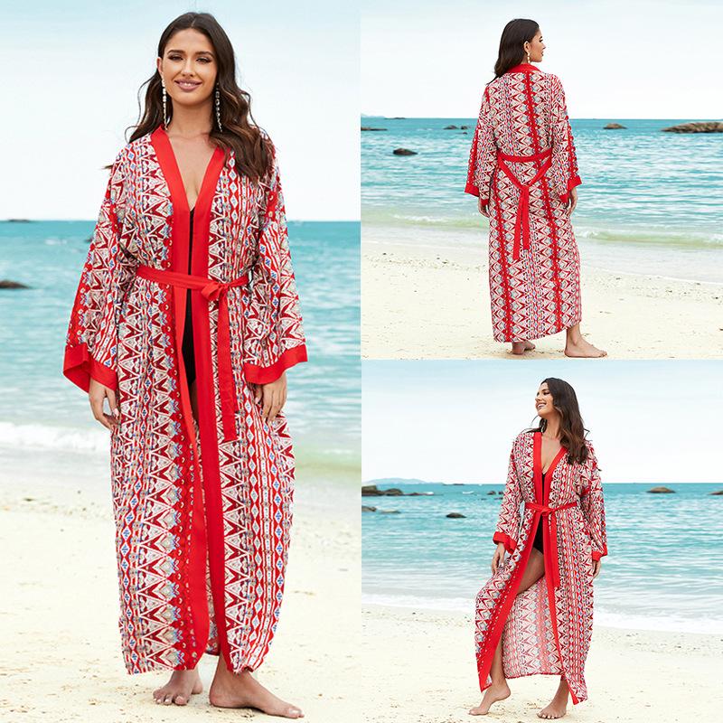 European-American Tie-Dye Beach Cover-Up: Rayon Mid-Length Sun Protection Cardigan for Women's Vacation Bikini Wear