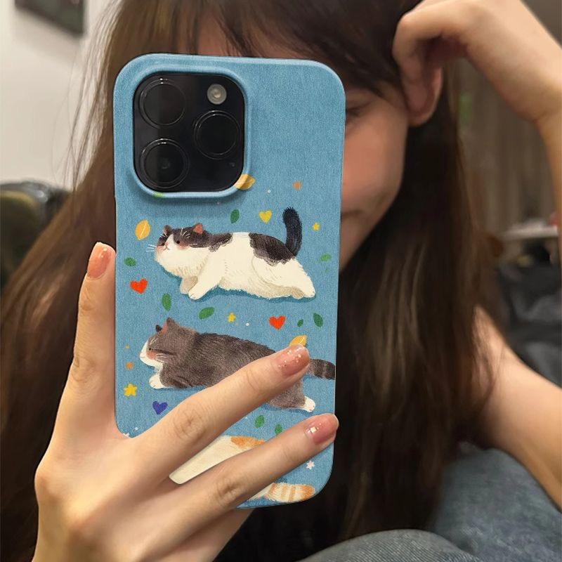 Adorable Chat Rond Aquarelle Douce Joueuse Esthétique Coque de Téléphone pour iPhone 17 16 15 14 11 12 13 Pro Max Air Plus Housse Arrière