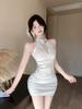 Elegant Pure Desire Black Rhinestone Halter Neck Evening Gown - Slimming Waist & Hip-Hugging Design for Women