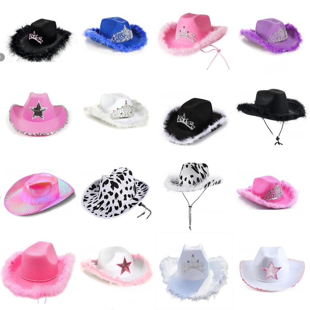 Rosa Stoff-Cowboyhut mit Sternverzierungen und leuchtender Krone für Partykleidung und Geschenke