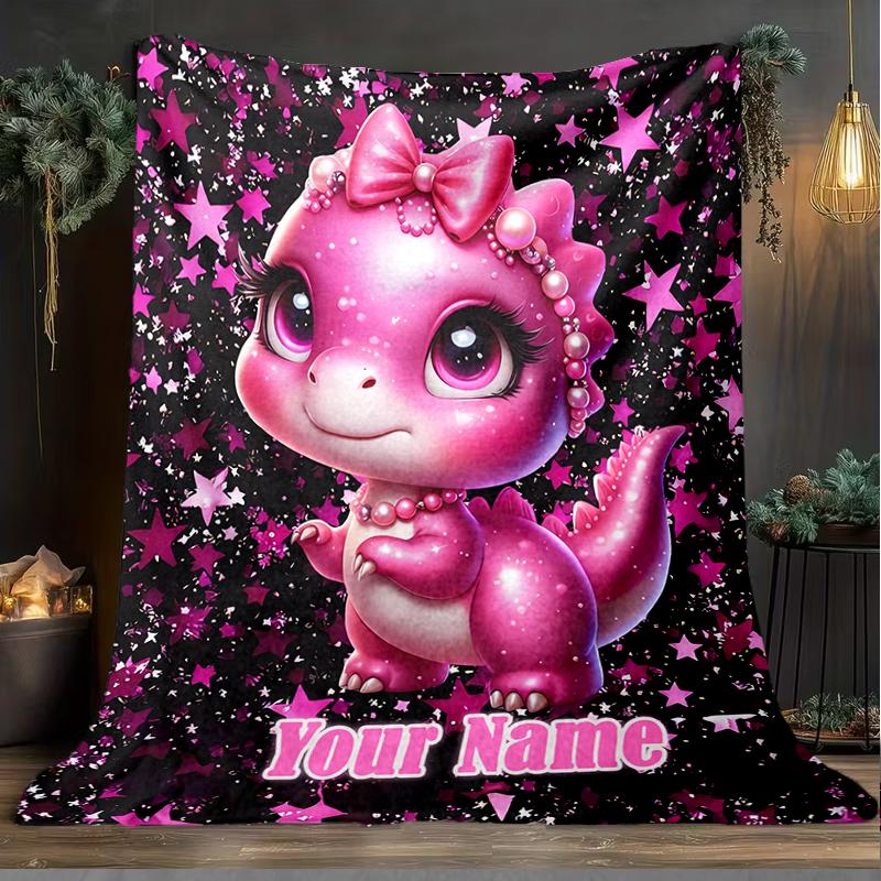1PC Custom Name Pink Dinosaur Sparkle outdooor Flannel blankets Patterns Throw Blanket All-Season Soft Gift for Couch, Bed, Camping gifts