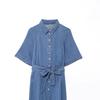 Spring 2025 Women's European & American Style Waist-Tie Denim Maxi Dress with Flared Skirt