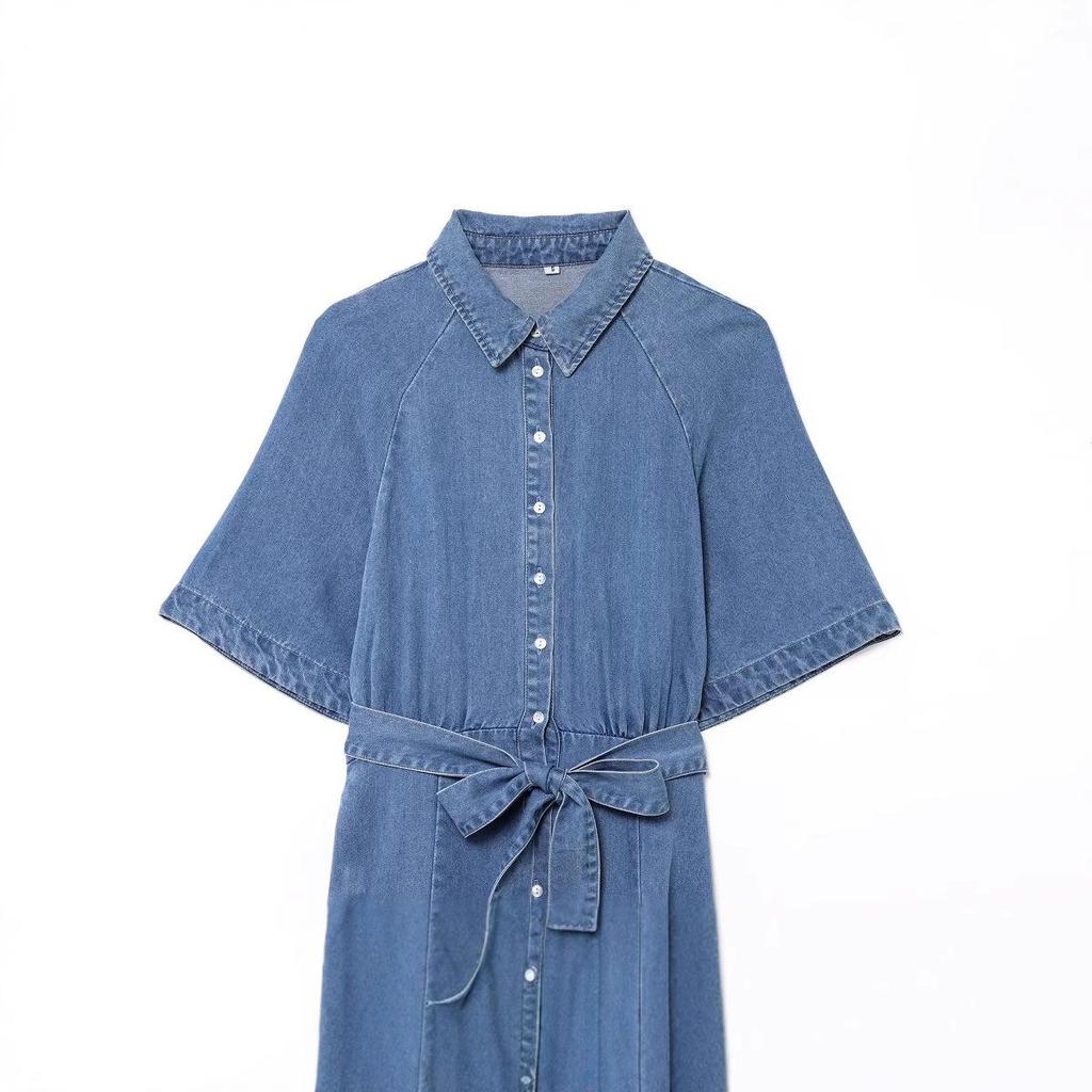 Spring 2025 Women's European & American Style Waist-Tie Denim Maxi Dress with Flared Skirt