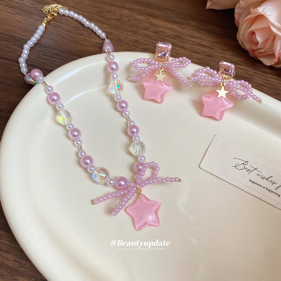 Bow Star Pearl Beaded Pendant Necklace Fresh Sweet Collarbone Chain ins Niche Neck Chain Women