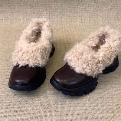 Cowhide Version~ New Autumn and Winter Design Sense Increased Round Head Lamb Wool Single Shoes Ultra-light Sports Thick-soled Wool Shoes
