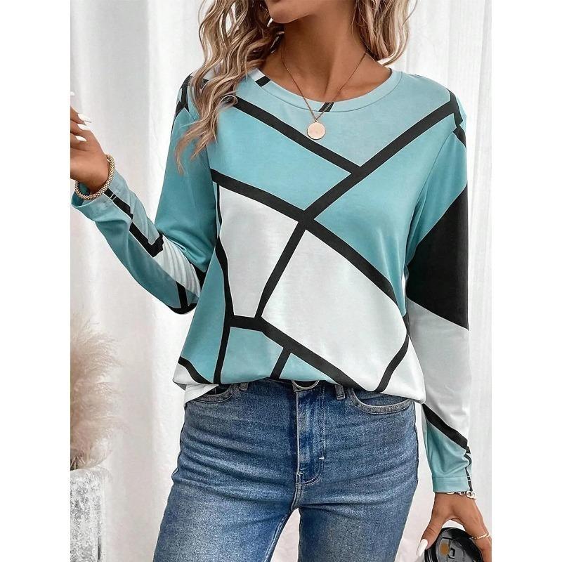 Modă de Primăvară și Toamnă Tricou Damă Tee Color Block Imprimeu 3D Hanorac Zilnic Casual cu Mânecă Lungă Tricou Gât Rotund Articole Sport