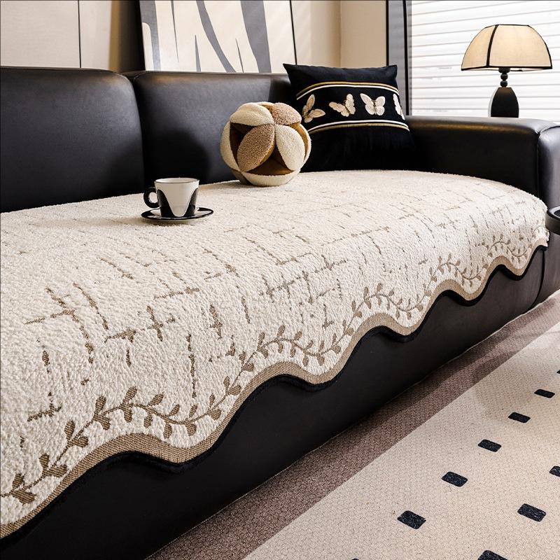 Premium Leather Sofa Cushion Autumn And Winter Plush New Four-Season Universal Fixed Non-Slip Straight Row Seat Cushion Cover