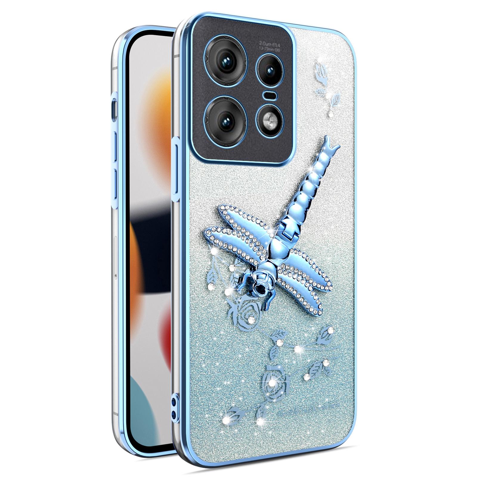 

For Motorola Edge 50 Pro 5G Case Dragonfly Kickstand TPU Flowers Glitter Phone Cover Blue