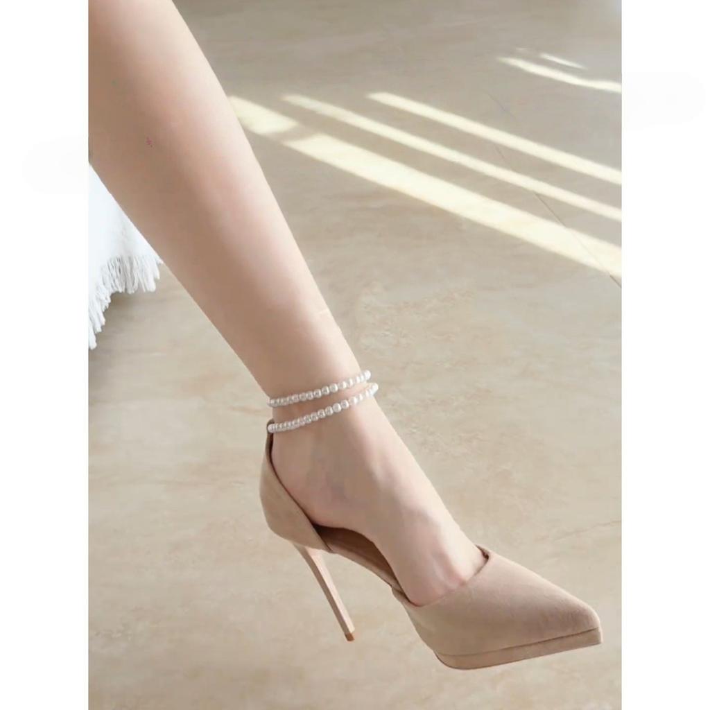 New niche nude versatile high heels women's design sense elegant temperament one-word pearl chain buckle high heels