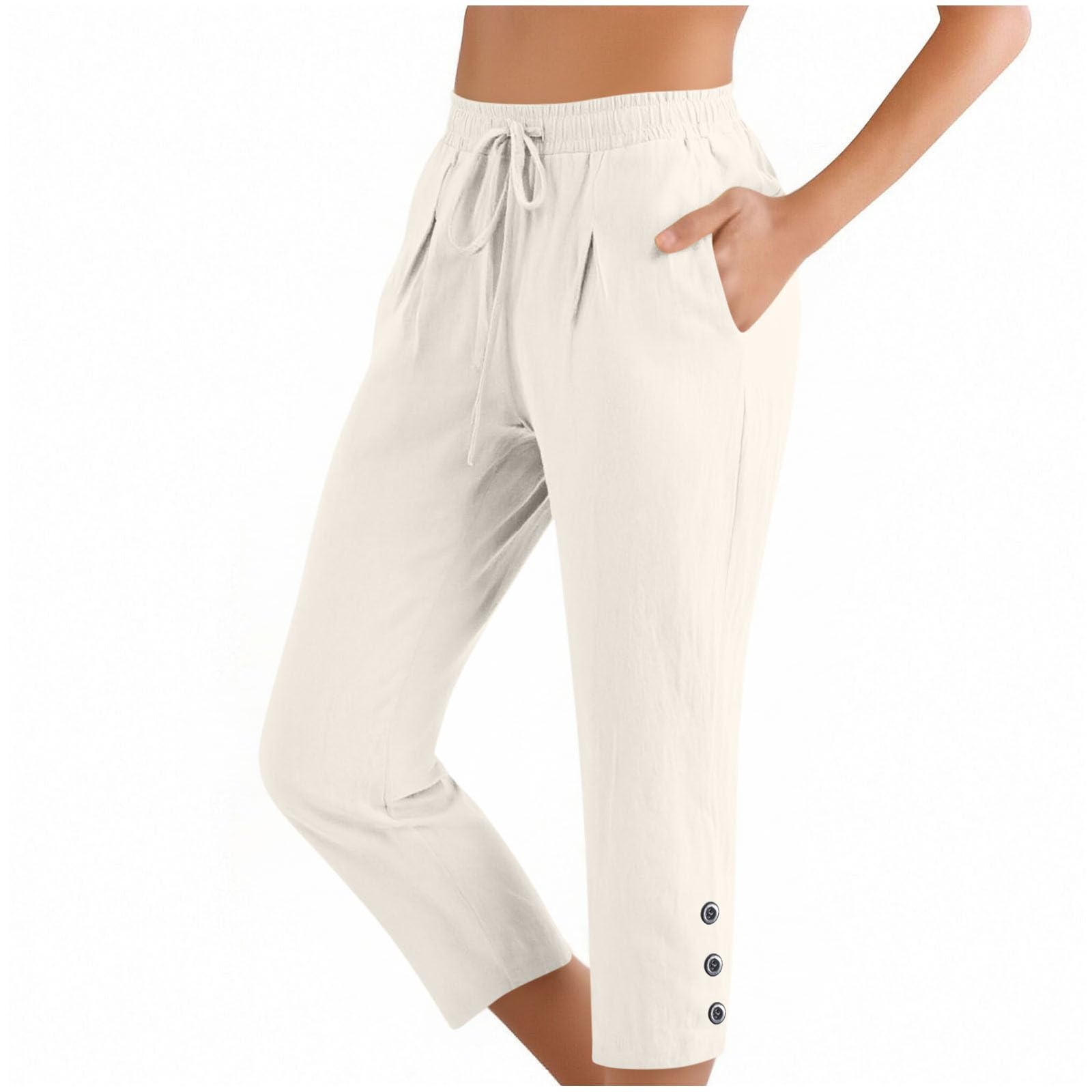 

Women Casual Cotton Linen Drawstring Elastic Waist Straight Leg Pants XL білий