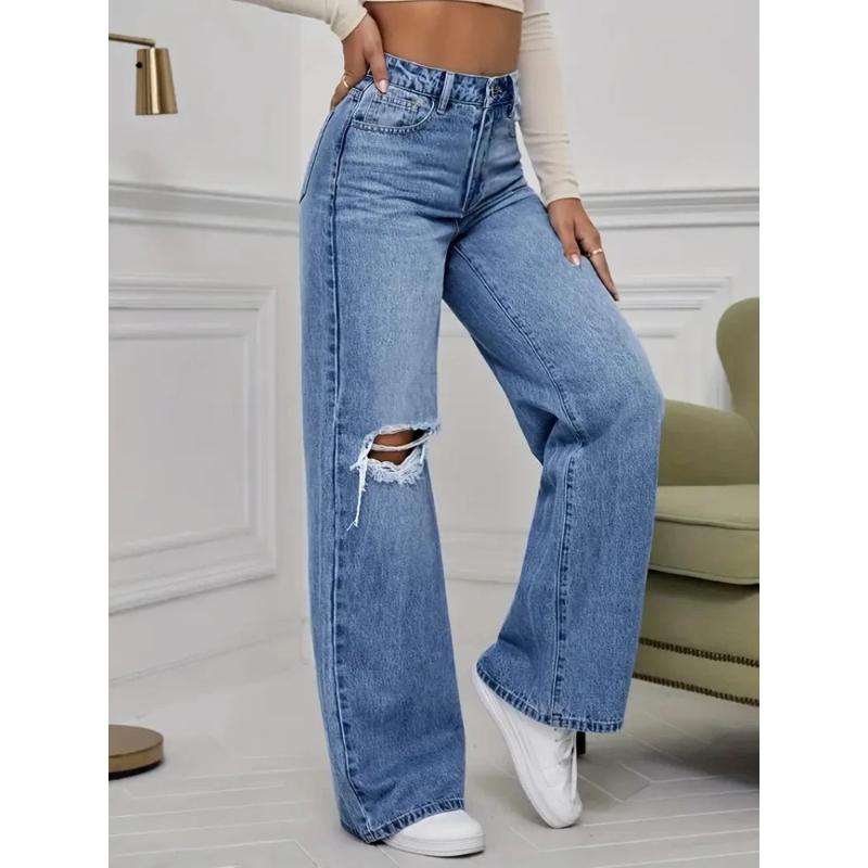 Damenjeans Denimhose Weiter Bein Vintage Used Zerrissen Hose 2026 Streetwear Gewaschen Taschen Bodenlang Loch Jeans
