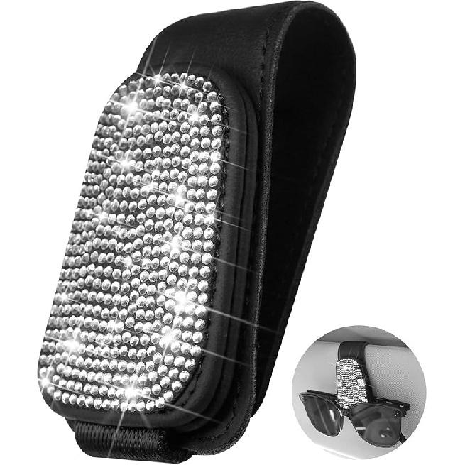 Yuchew Bling Sunglass Holder For Car Visor Magnetic Leather Sunglasses Visor Clip, Eyeglass Hanger Ticket Card Clip