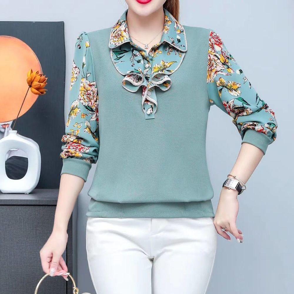 

Осенняя женская элегантная блузка с длинным рукавом, принтом, вставками, модным воротником-шарфом, повседневная, универсальная 5XL зелёный