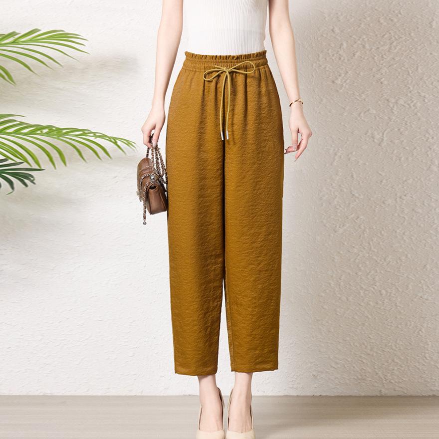 

Большого размера свободные и тонкие шелковые брюки длиной девять четвертей женские летние новые маленькие прямые брюки на резинке из шелка-тусса 3XL