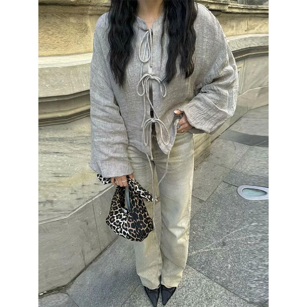 

Пальто на шнуровке для женщин, осеннее, с длинным рукавом, модная уличная верхняя одежда, повседневная куртка из хлопка и льна, большие размеры XS серый