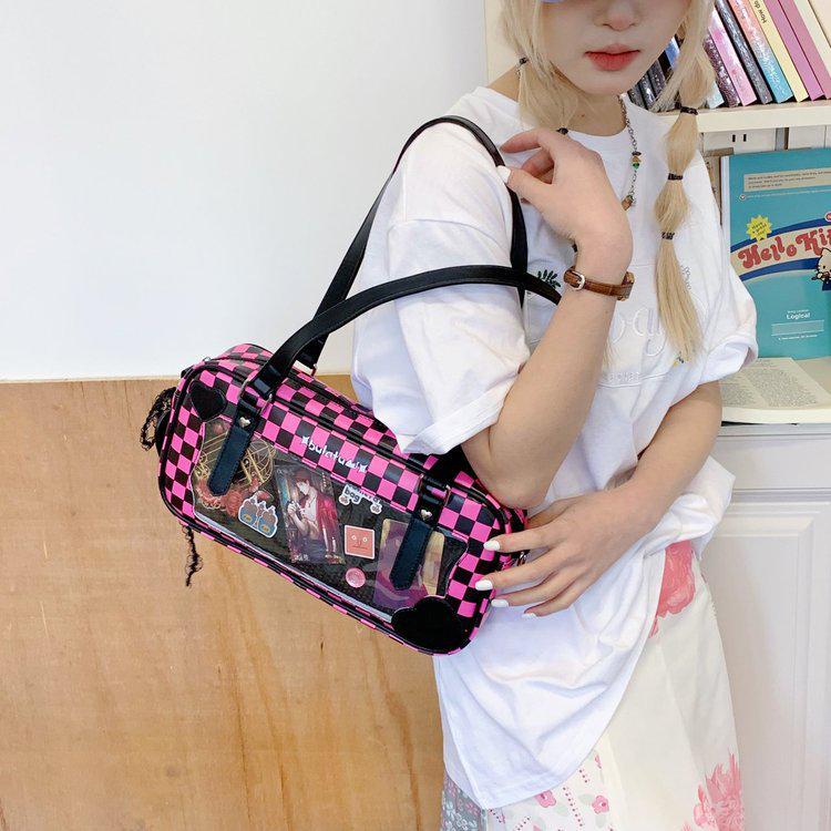 Japanese Kawaii Heart Plaid Ita Bag - Women's Transparent Crossbody with Pin Board