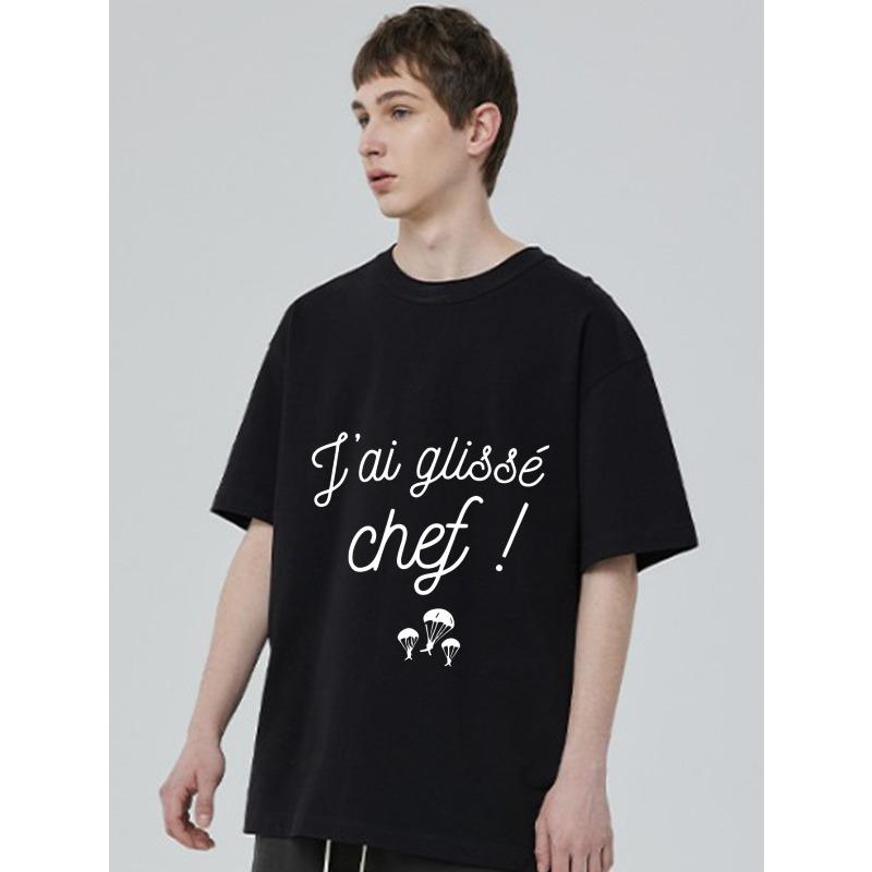 Black T Shirt with I Ai Glisse Chef Text and Parachute Design for Casual Wear