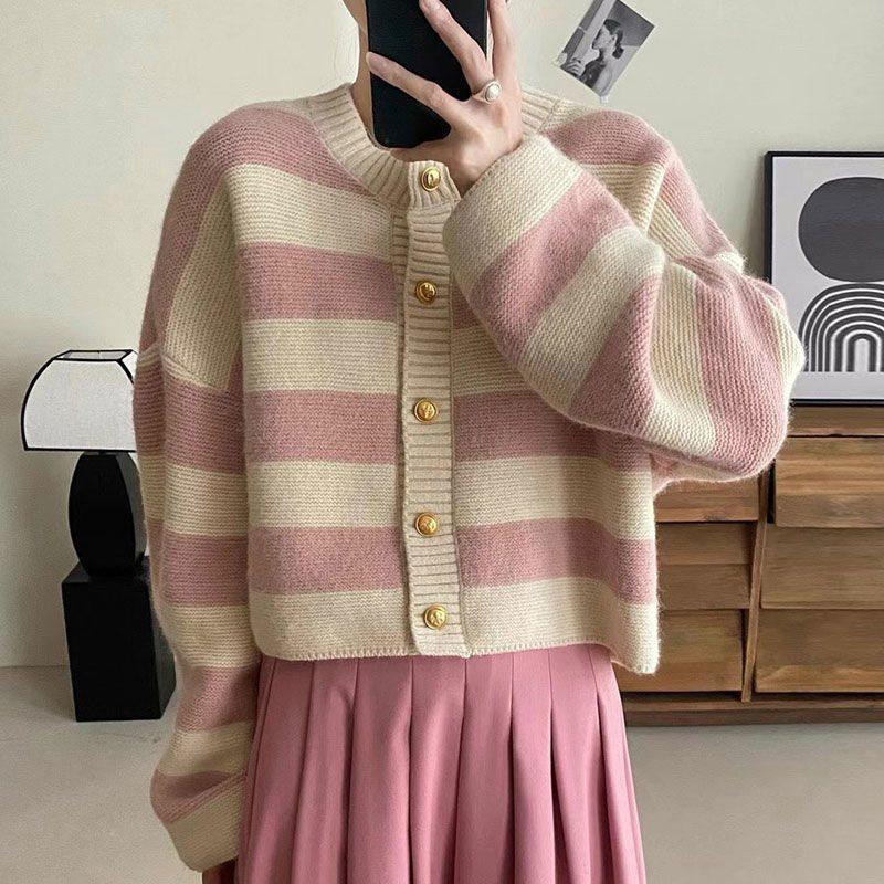 Korean Retro Minimalist Color Block Stripe Knit Cardigan - Women's Long Sleeve Round Neck Sweater for Autumn/Winter