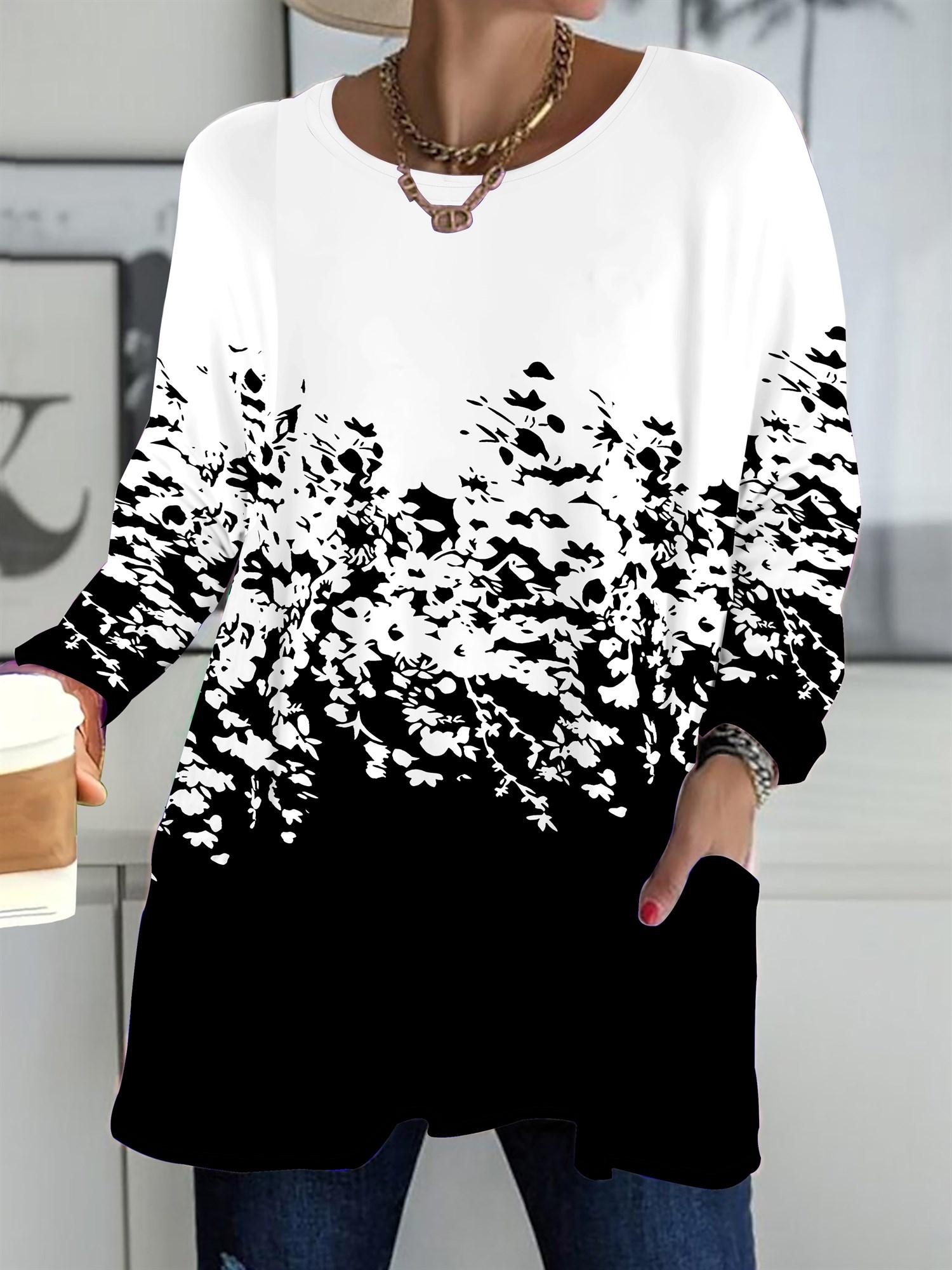 

2025 Autumn Winter New Plus Size Women s Tops, Vintage Pattern 3D Print Fashion Crew Neck Long Sleeve T-Shirts 1XL белый