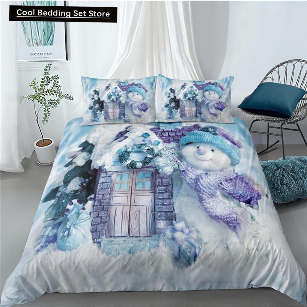 Weihnachten Schneemann König Königin Bettbezug Kinder Cartoon Bettdeckenbezug Weiß Winter Schneeflocke Bettwäsche Set Polyester Bettdeckenbezug