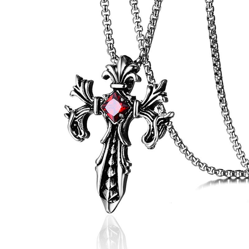 Retro Double Dragon War God Cross Pendant Necklace with Inlaid Diamond - Titanium Steel Jewelry