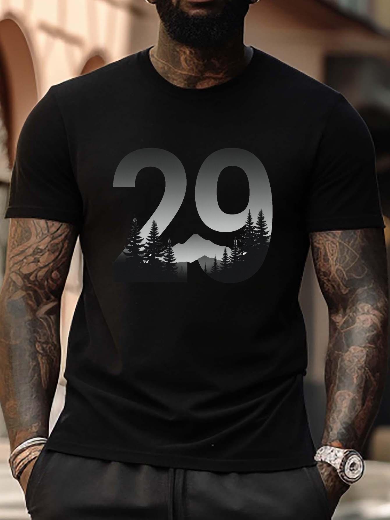 Plus Size Graphic T-shirt - Black Geometric Mountain Landscape Design with Number 29 S