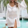 Summer Beach Smock T-shirt Women's Knitted Sweaters Lady Sexy Hollow Out Mesh Pullover See Through Casual Loose Long Sleeve Tops