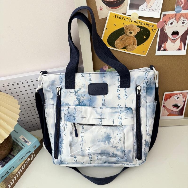 New new Chinese large-capacity messenger bag, ink painting, national style, retro shoulder tote bag, transparent pain bag for students in class