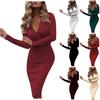 Ladies Fashion Long Sleeve V-neck Color Split Hip Packing Tight Dress