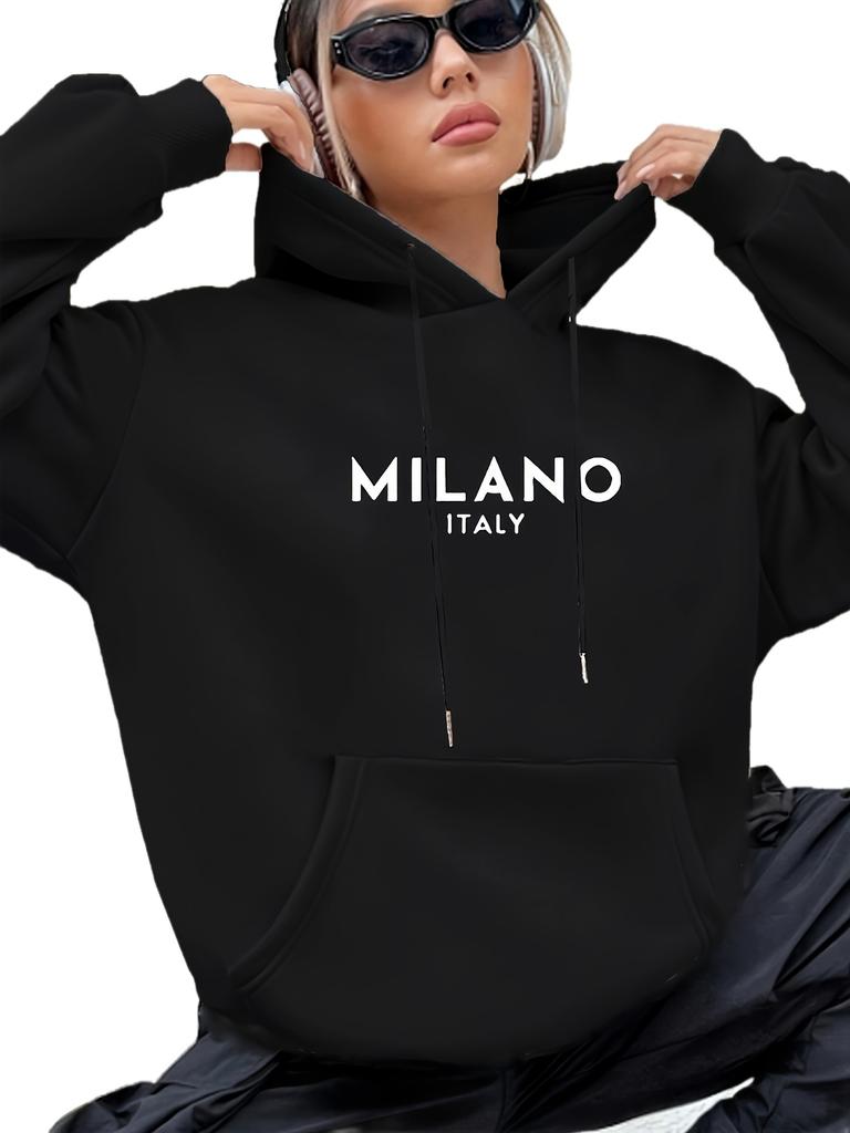 Milano Italien Kapuzenpullover für Damen Alphabet-Druck Lässiges Langarm-Sweatshirt mit Tasche Modischer Europareise-inspirierter Kapuzenpullover