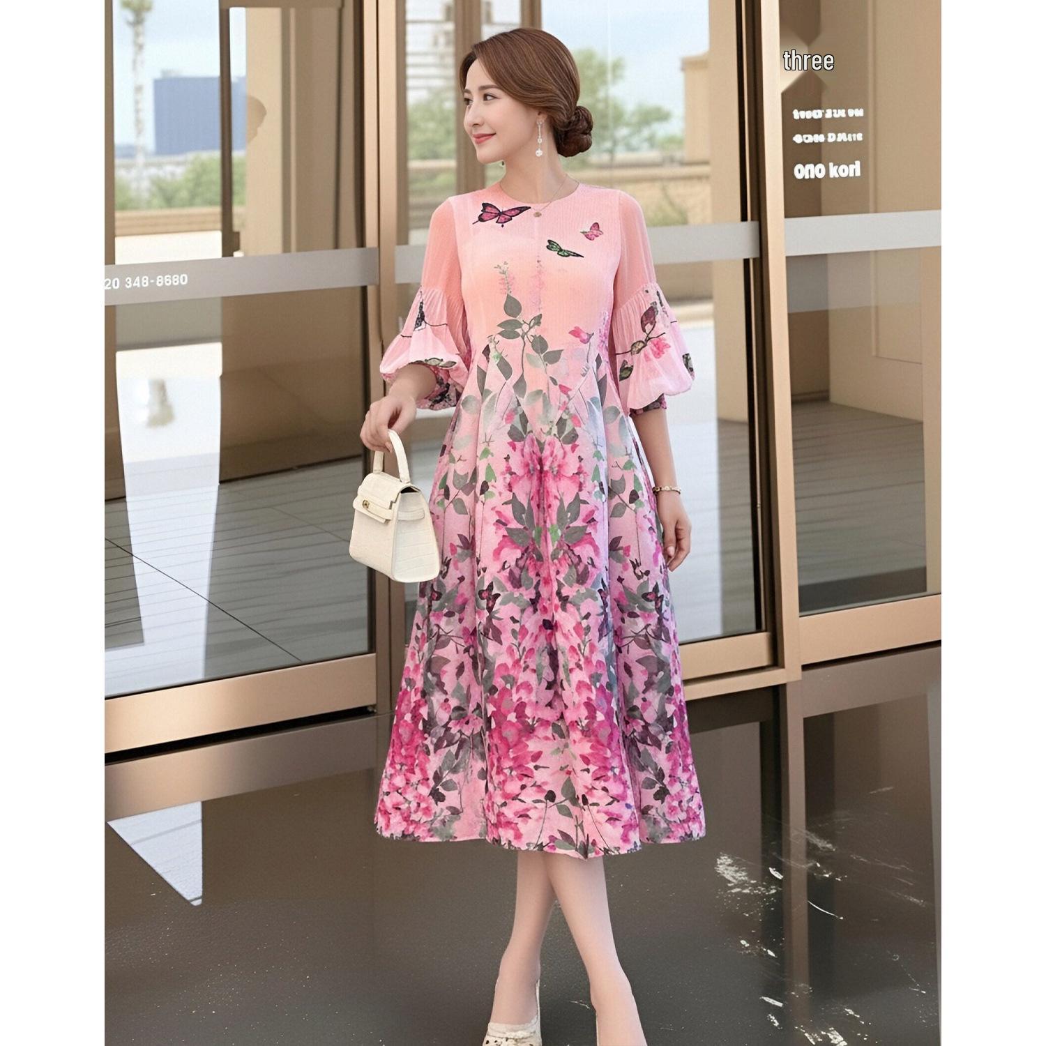 

High-End French Floral Print Loose Plus Size Spring Bud Skirt One Size (suitable for 90-160 jin) рожевий