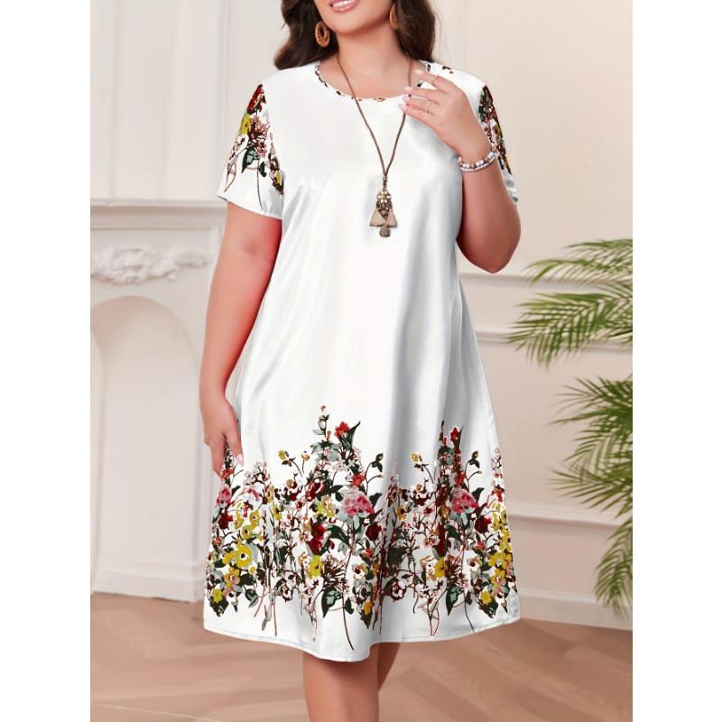 

Large Round Neck Dress, Casual Vacation Style Printed Dress, Women s Loose and Comfortable Retro Dress 4XL