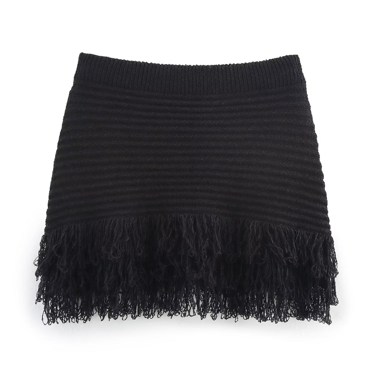 

European & American Women s Fashion Tassel Knitwear + Skirt Set L