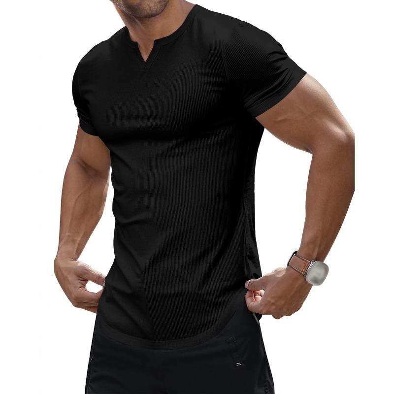 Summer Fashion V-neck Solid Color Bottomed Tee Male Short Sleeve All-match Pullover T-shirt Men Simple Top