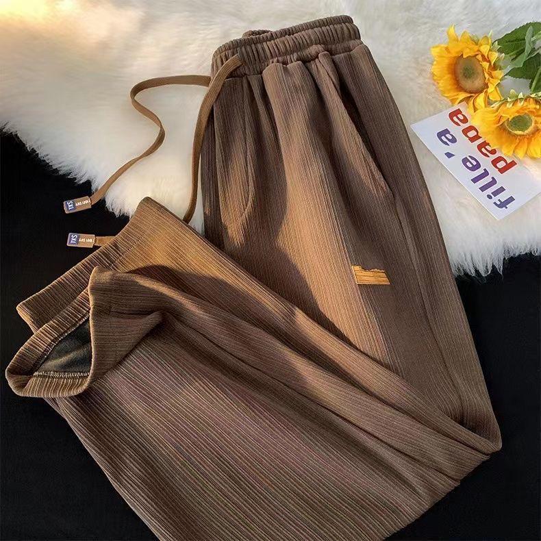 Summer Pleated Loose Plus Size Floor-Length Textured Trousers: Slimming, Straight-Leg, Lazy Style