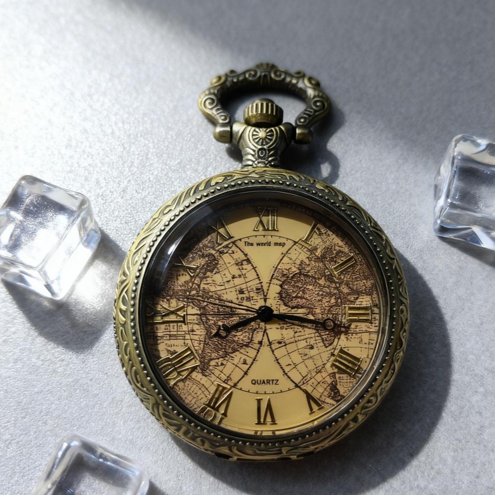 Tea Colored Glass Double Earth Pattern Pocket Watch, Unisex Casual Quartz Retro Pocket Watch.