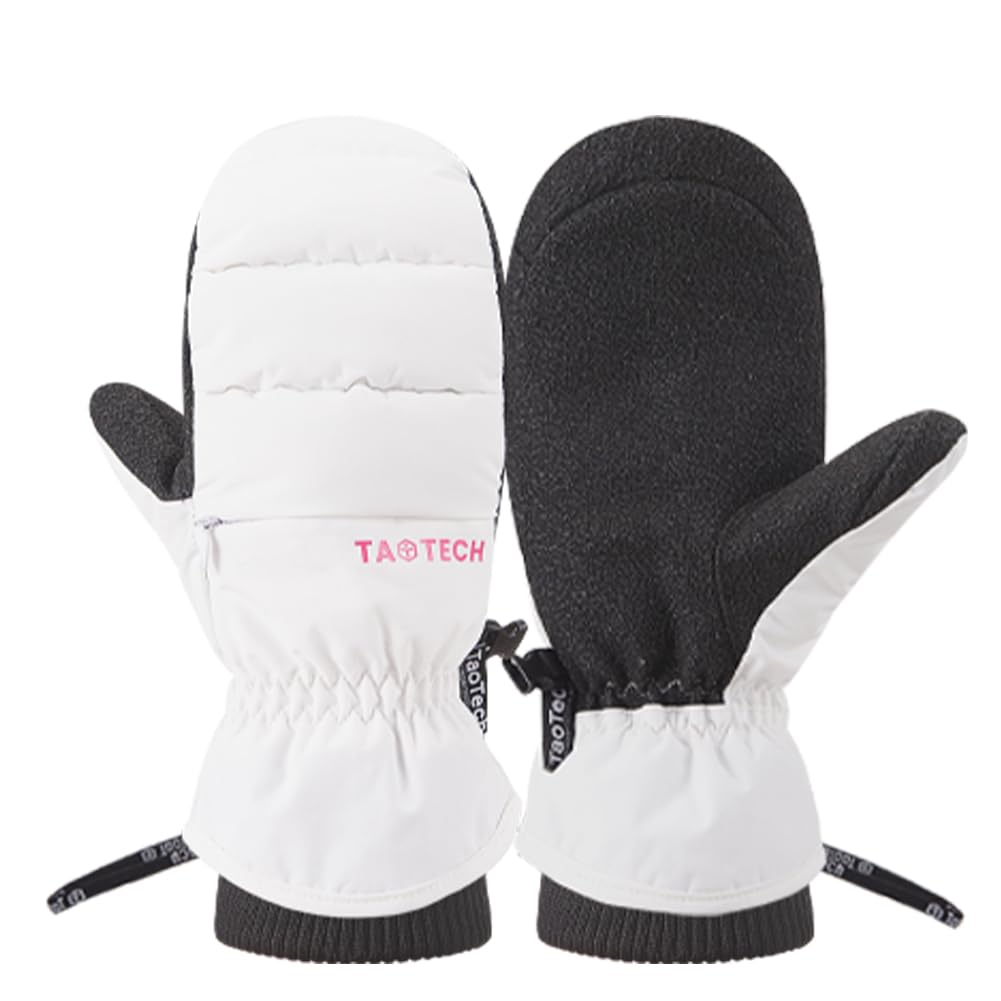 Waterproof and warm puffer mitten gloves for snowboarding, skiing, and snowboarding (White - Large) for men and women