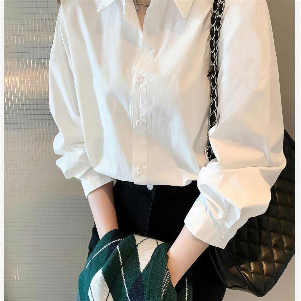 

Cozy Fleece-Lined White Shirt for Women: Warm Winter Layer, Petite Fit, Basic Style S [80-95 jin]