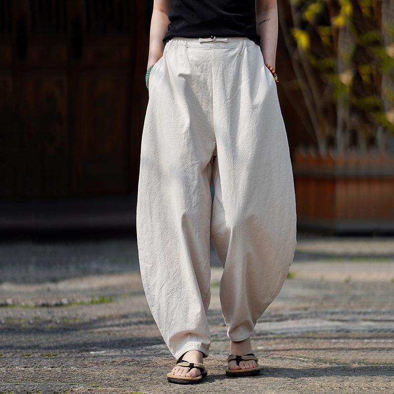 

Chinese Style Linen Men s Pants Spring and Summer Thin Loose Large Size Casual Trousers Chinese Wide-leg Cotton and Linen Scimitar Pants S бежевий