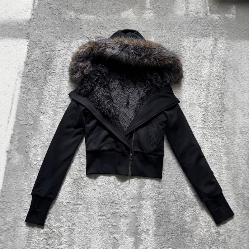Women Winter Hooded Fleece Lined Slim Zip Up Short Coat Y2K Plush Collar Outerwear