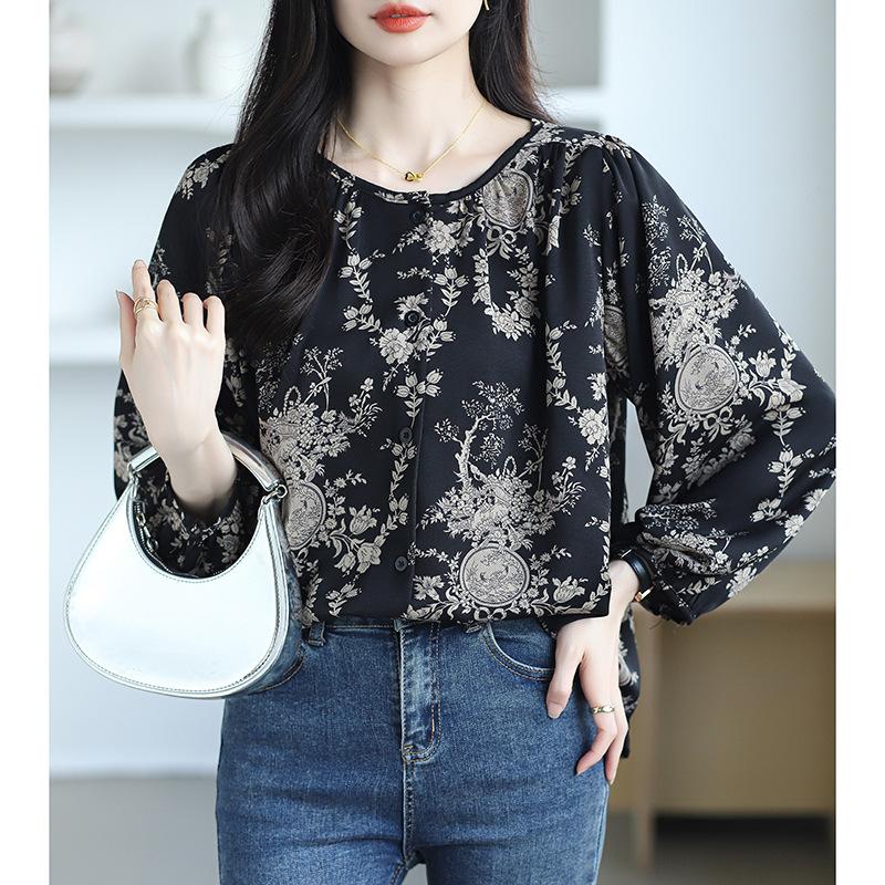 Chiffon-Shirt mit Blumenmuster für Damen, langärmelig, lockere Passform, schlankmachendes, bauchbedeckendes Anti-Aging-Top für Damen