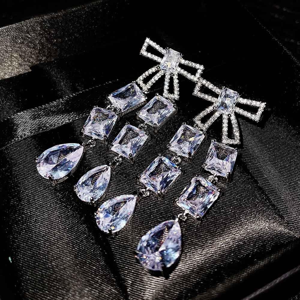 Luxury Commute Bow Drop Zirconia Full Diamond Earrings Long Dangle Earrings for Women